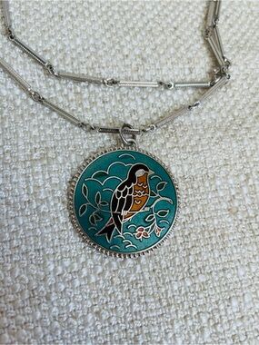 Sarah Coventry Vintage Silver Tone Teal Bird Medallion Bar Link Necklace 24"